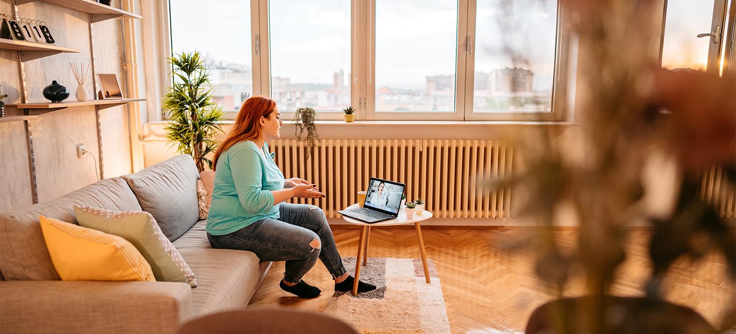 Person Sitting on Couch Talking with Health Professional on Computer