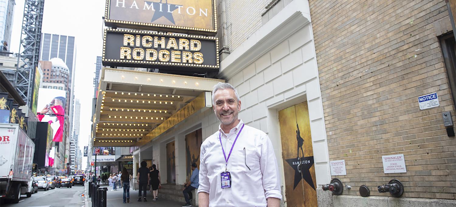 Mark E. Hunter-Hall in Front of Broadway Theater Where Hamilton Is Performed