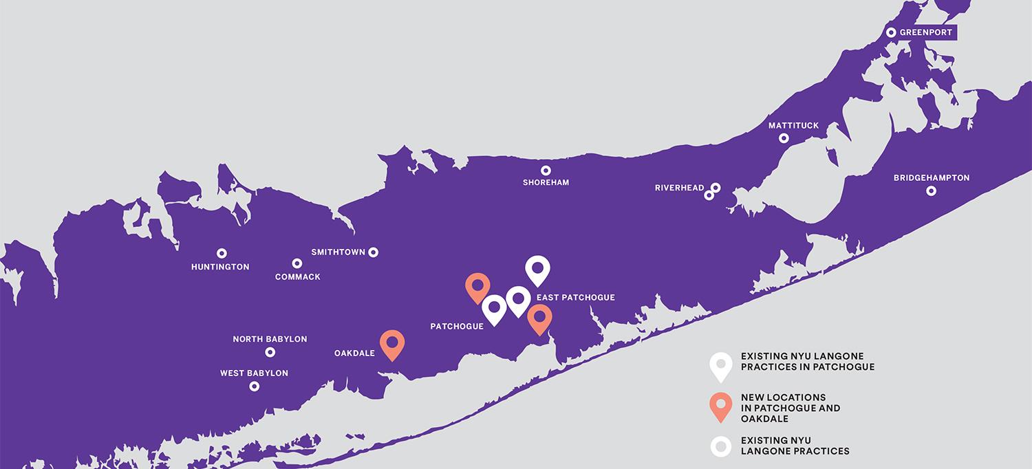 Map of Suffolk County Showing Practice Locations in and Around Patchogue