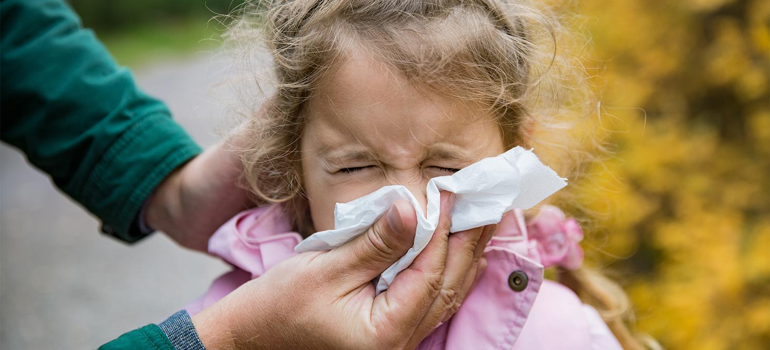 Child Blowing Nose into Tissue Held by Adult
