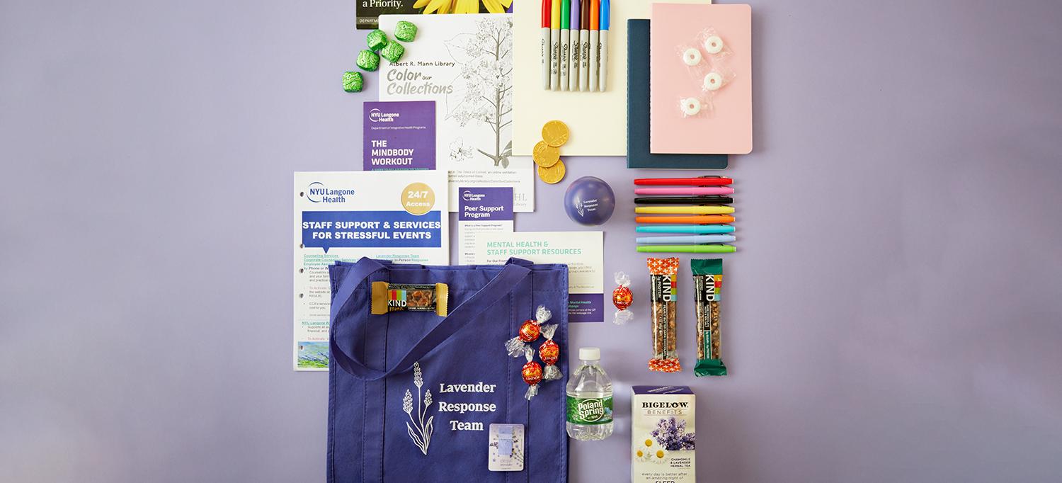 A Lavender Response Team Bag and Its Contents, Including Chocolates, a Stress Ball, and Brochures