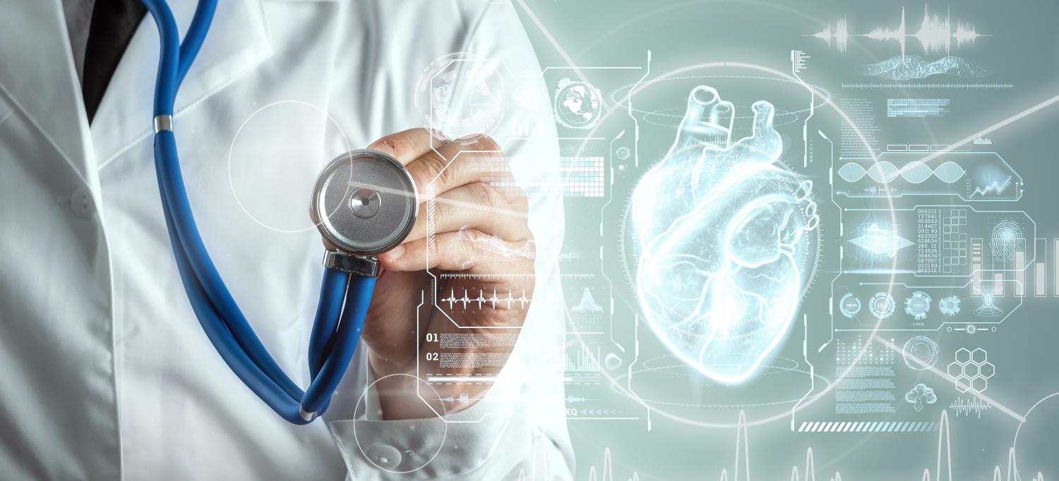 Doctor Holding Up Stethoscope Behind Holographic Heart and Diagnostic Panel