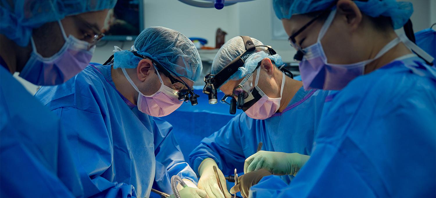 Dr. Jeffrey M. Stern, Dr. Adam Griesemer, and team performing xenotransplant procedure in operating room