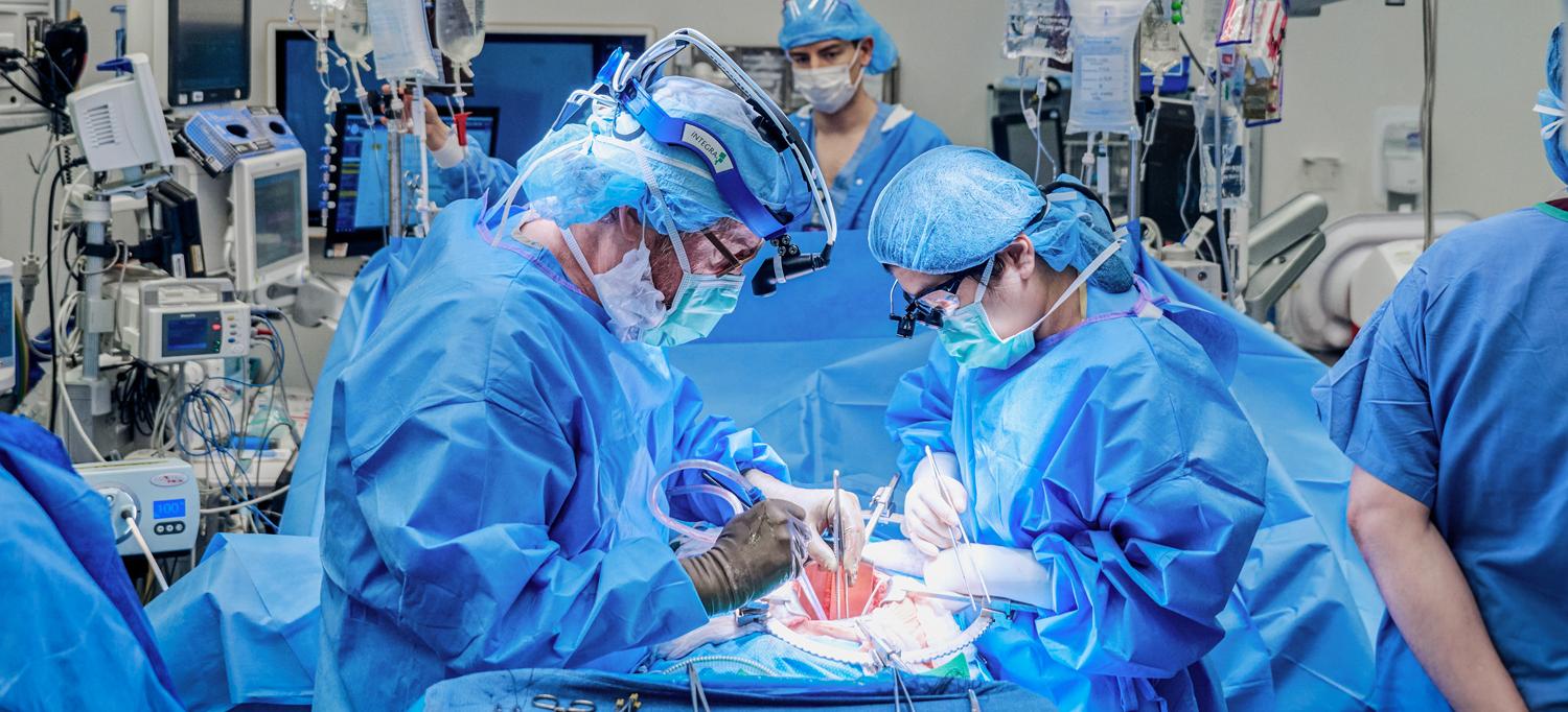 Dr. Robert Montgomery and team performing xenotransplant surgery in equipment-filled operating room