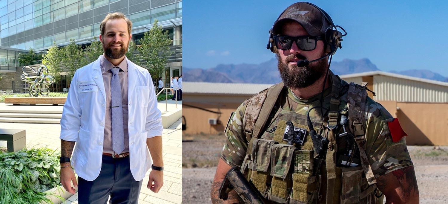 A photo of Mason Blacker, wearing a white doctor’s coat and standing in front of NYU Langone, and a photo of him wearing camouflage and holding a gun when he was a Navy SEAL