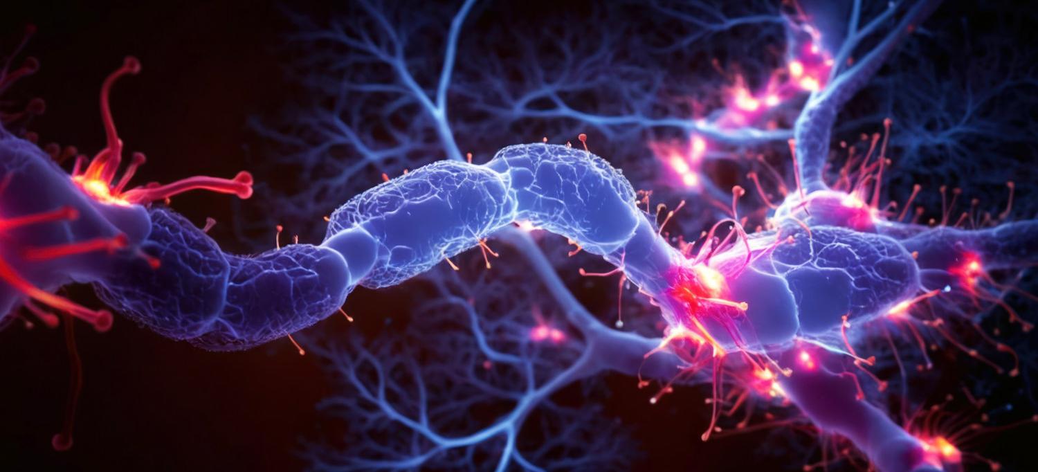An illustration of interconnected neurons cells with electrical pulses.