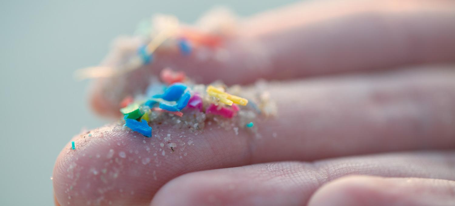 Researcher holding small pieces of micro plastic pollution washed up on a beach