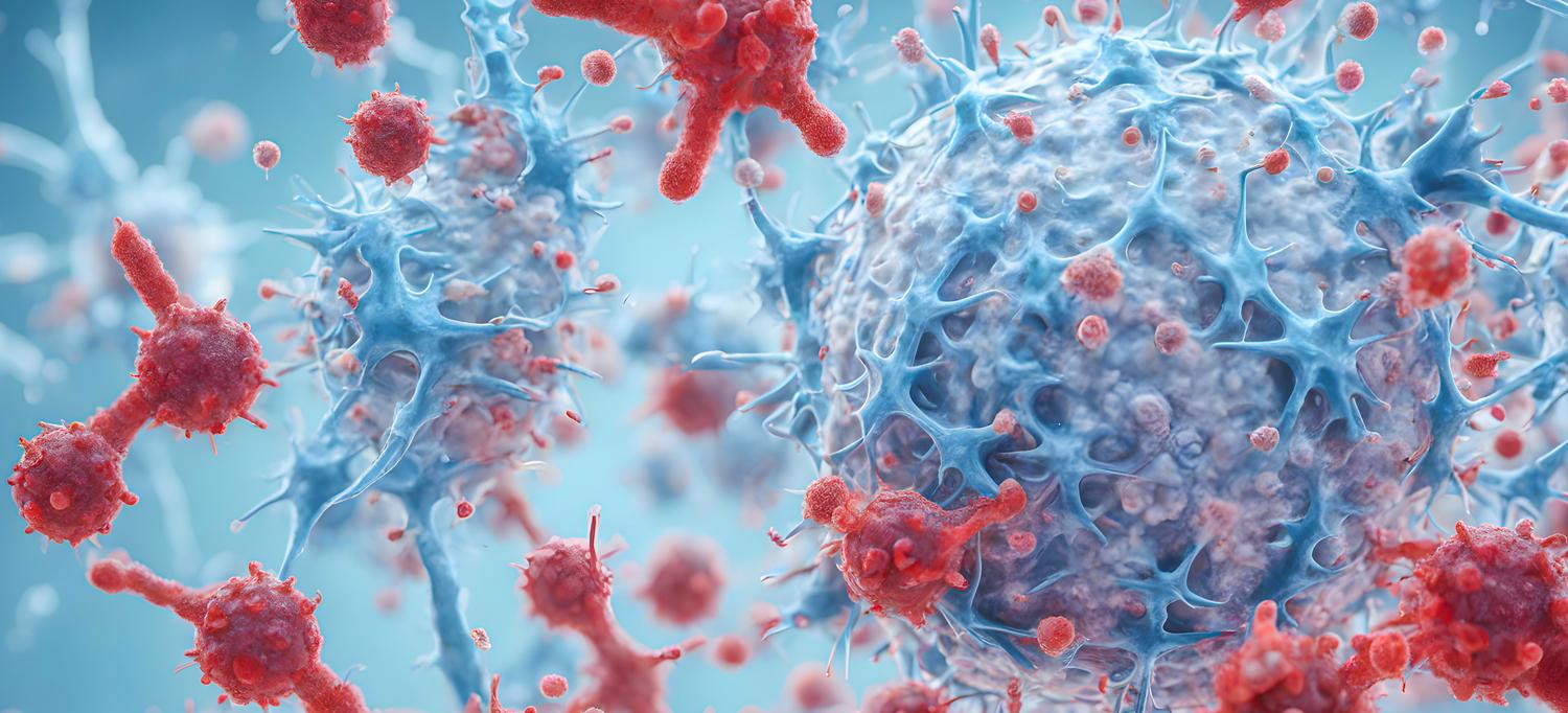 Illustration of virus cells attacking a DNA strand