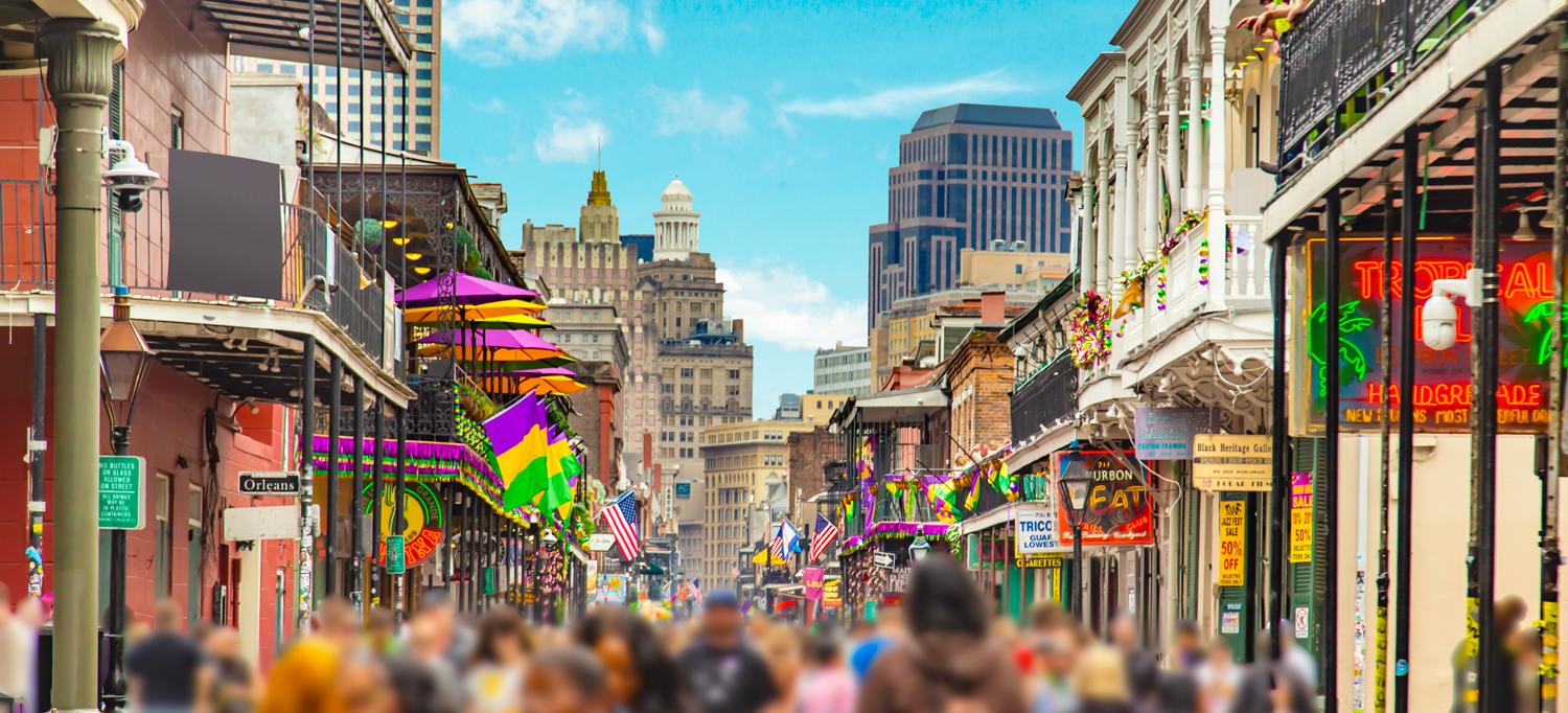 Crowds on Bourbon Street in New Orleans, Louisiana