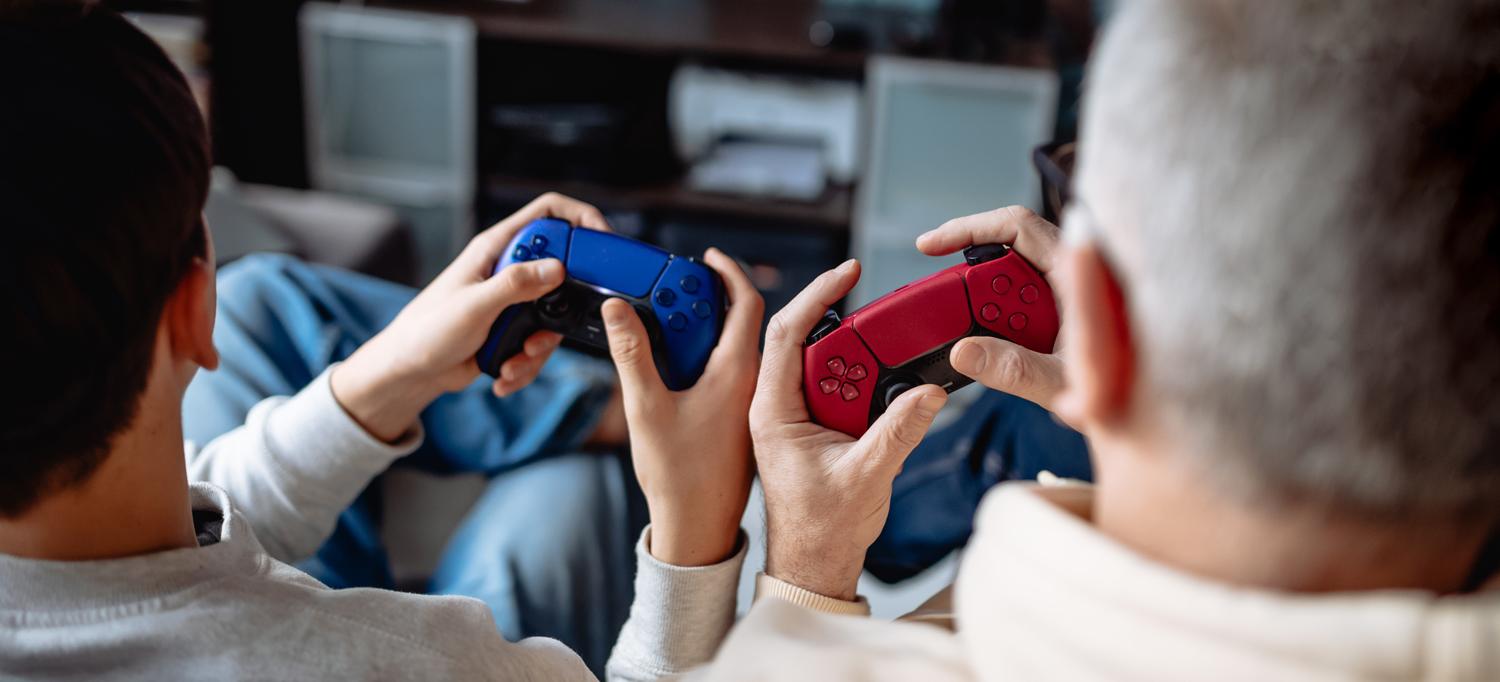 Seen from the back, an older man and a boy use video game controllers. 