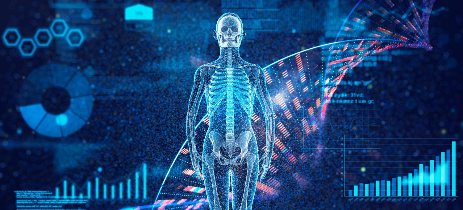 Image of the human body with genomic DNA molecular structure and data