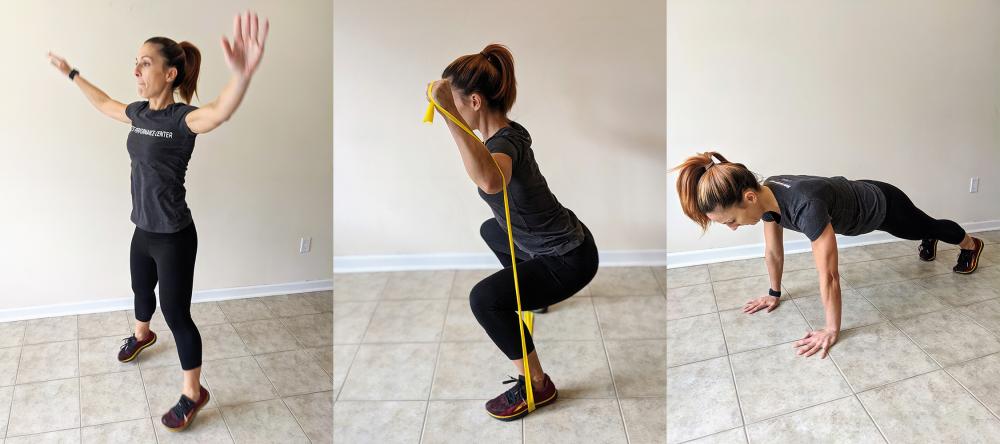 Woman Performs Jumping Jacks, Squats with Resistance Band, and Push-Ups