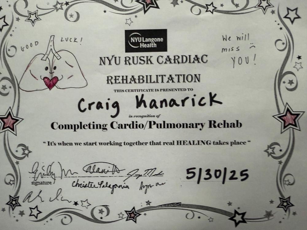 Kanarick’s certificate for completing pulmonary/cardio rehab