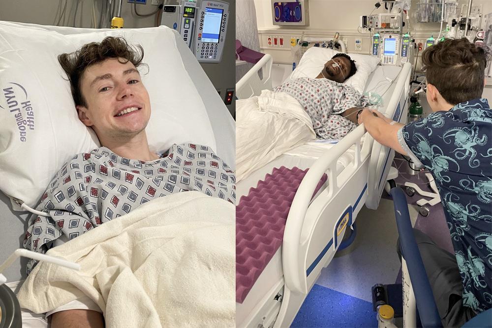 Jimenez in a hospital bed; Jimenez out of bed and greeting Looney in bed, recovering