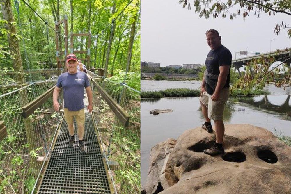 Pictures of Megala walking on a trail in the forest and standing on a rock near a river and a bridge