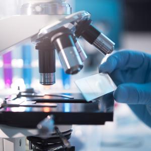 A scientist placing a slide under a microscope