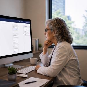 A clinician looks at a large computer monitor