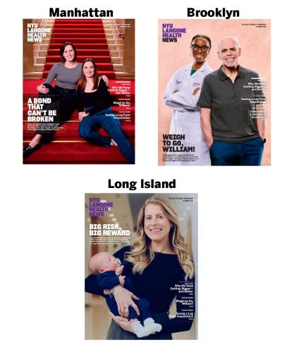Collage of three covers of NYU Langone Health News Summer 2026 edition