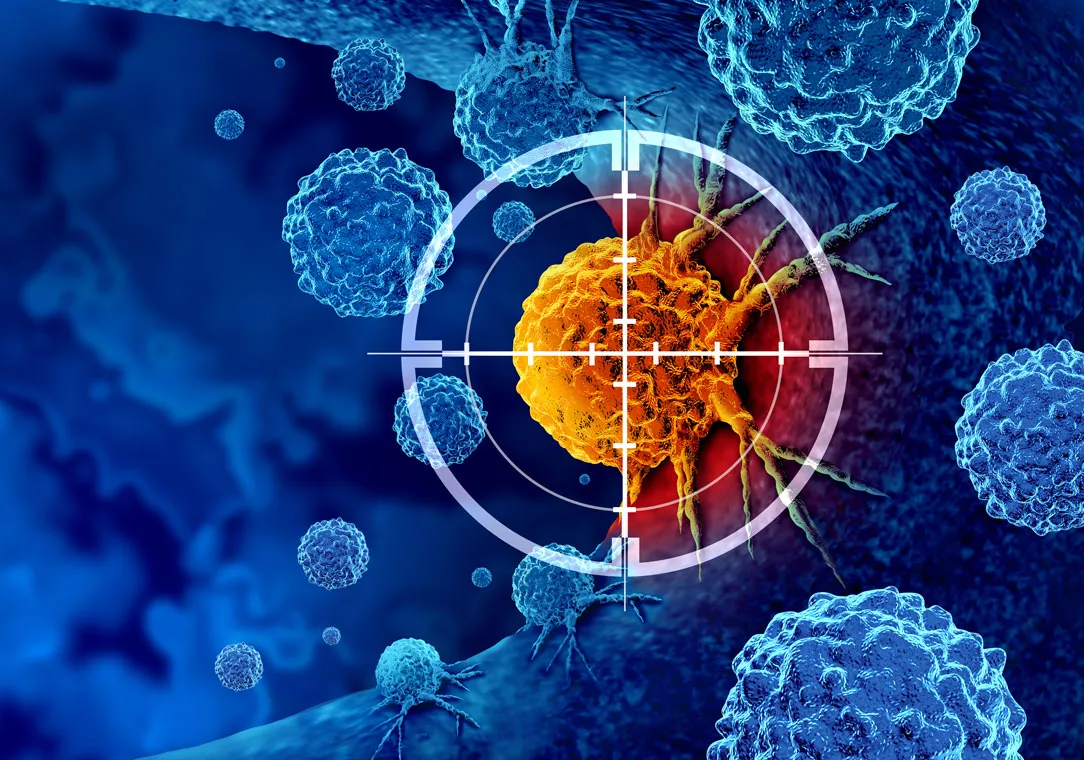 Illustration of a cancer cell with crosshairs aimed at it, surrounded by other cells and a dark background.