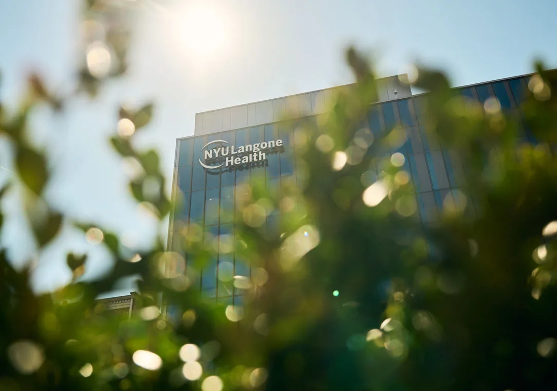 An NYU Langone Health building partially obscured by blurred greenery, under a bright sunlit sky.